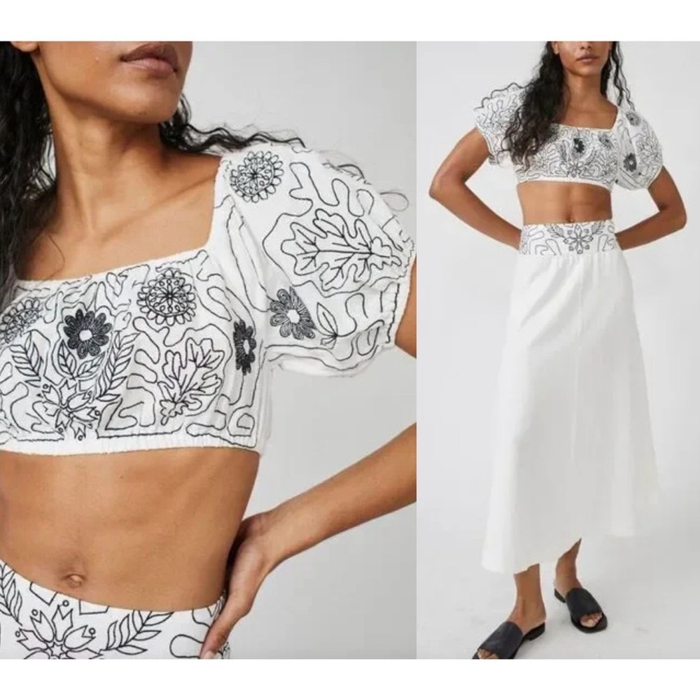 NWT Free People Lotus Set Embroidered Crop Top Maxi Skirt White & Black Size L
